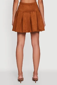 Womens Faux Suede Drop Waist Pleated Mini Skirt, Brown, Size L