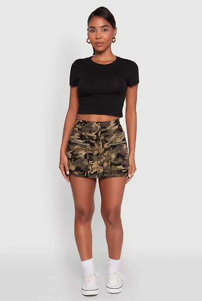 Womens Trendy Camo Zip Pocket Mini Skirt, Green, Size M