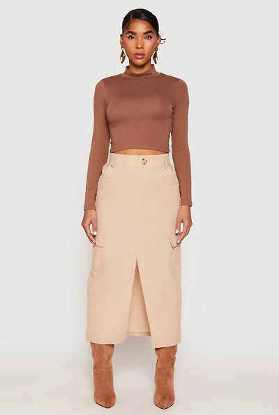 Womens Linen Cargo Midi Skirt, Khaki, Size S