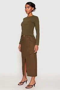Womens Linen Cargo Midi Skirt, Green, Size S