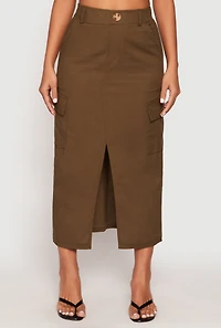 Womens Linen Cargo Midi Skirt, Green, Size S