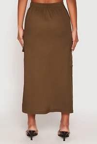 Womens Linen Cargo Midi Skirt, Green, Size S