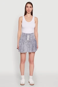Womens Trendy Lace Up Detail Mineral Wash Pleated Skirt, Grey,