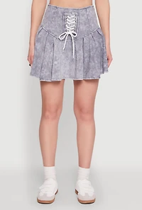 Womens Trendy Lace Up Detail Mineral Wash Pleated Skirt, Grey,