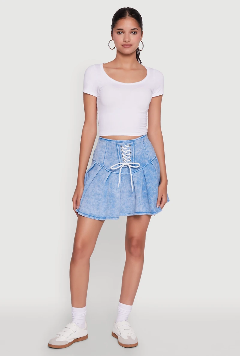 Womens Trendy Lace Up Detail Mineral Wash Pleated Skirt,
