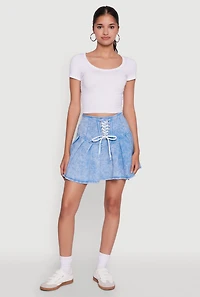 Womens Trendy Lace Up Detail Mineral Wash Pleated Skirt,