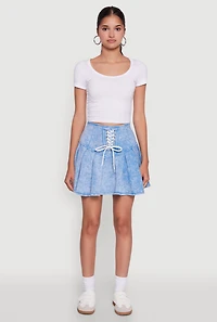 Womens Trendy Lace Up Detail Mineral Wash Pleated Skirt, L