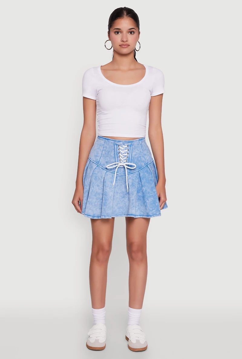 Womens Trendy Lace Up Detail Mineral Wash Pleated Skirt, Blue, Size S