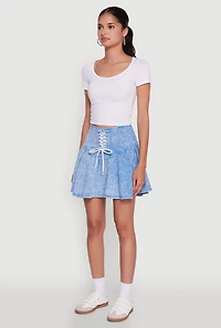 Womens Trendy Lace Up Detail Mineral Wash Pleated Skirt,