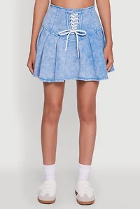 Womens Trendy Lace Up Detail Mineral Wash Pleated Skirt,