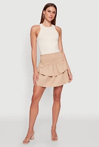 Womens Chic Smocked High Waisted Tiered Skirt, Beige, Size L