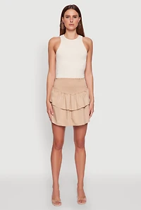 Womens Chic Smocked High Waisted Tiered Skirt, Beige, Size L