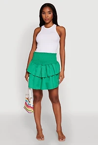 Womens Chic Smocked High Waisted Tiered Skirt, Green,