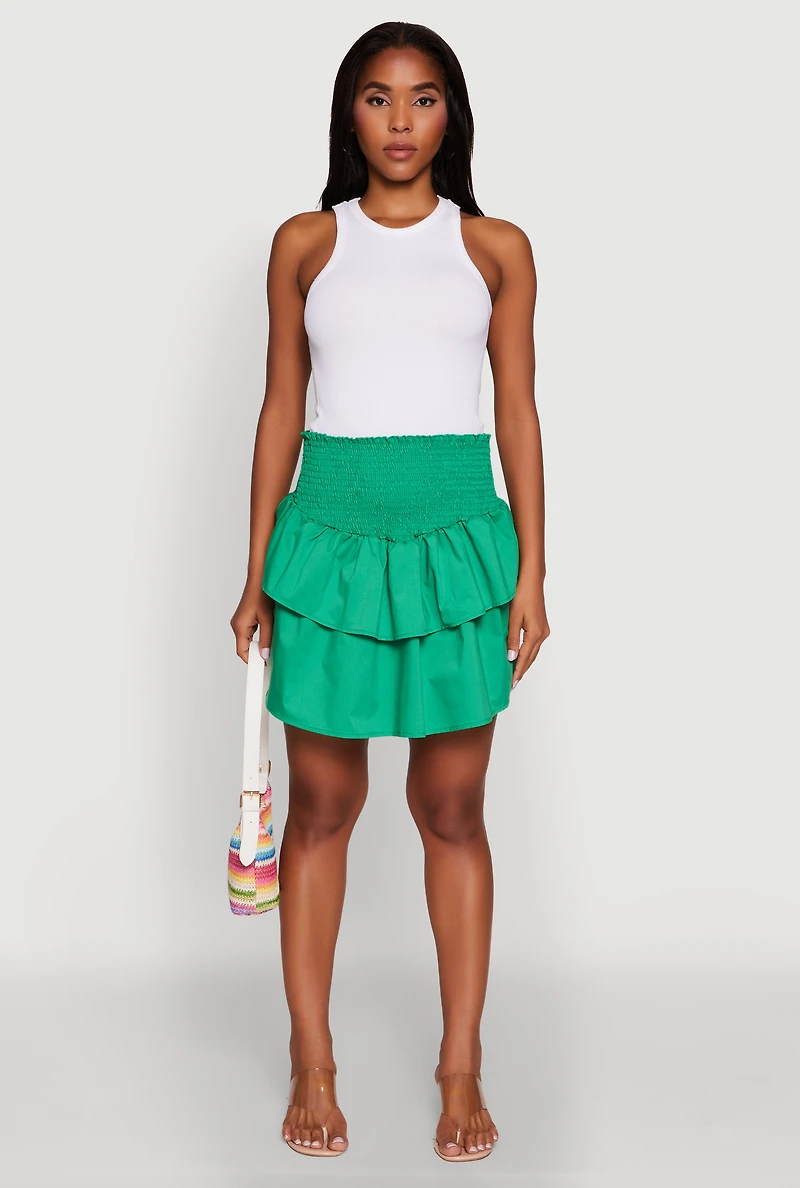 Womens Chic Smocked High Waisted Tiered Skirt, Green,