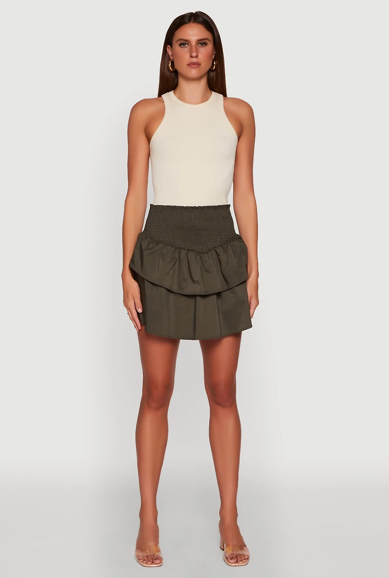 Womens Chic Smocked High Waisted Tiered Skirt, Green,