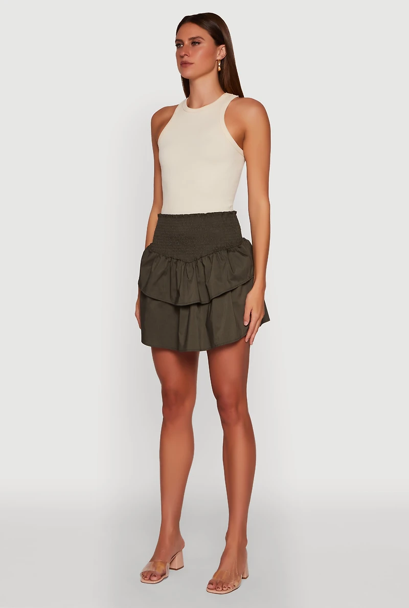 Womens Chic Smocked High Waisted Tiered Skirt, Green,