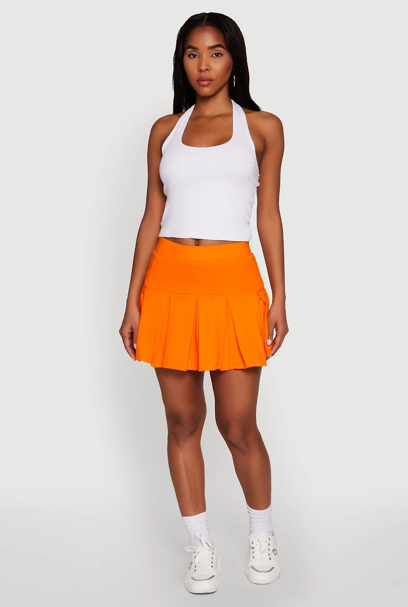 Womens Trendy Activewear Lined Mini Pleated Tennis Skirt, Orange, Size L