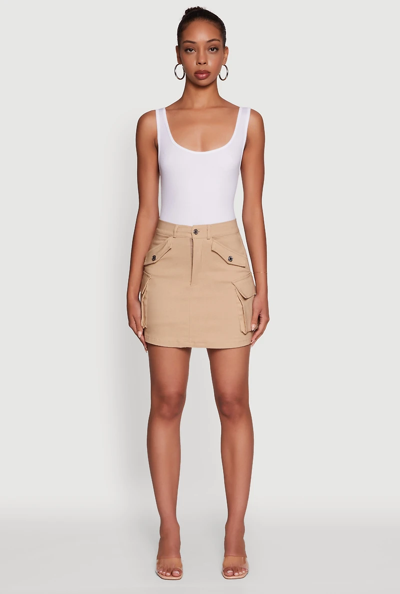 Womens Trendy Flap Detail Cargo Pocket Skirt, Khaki, Size M