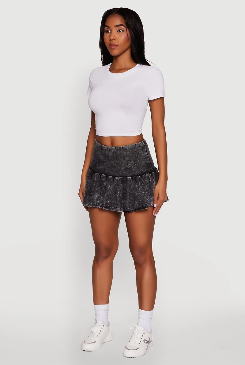 Womens Trendy Acid Wash Ribbed Knit High Waisted Mini Pleated Skirt, Black, Size S
