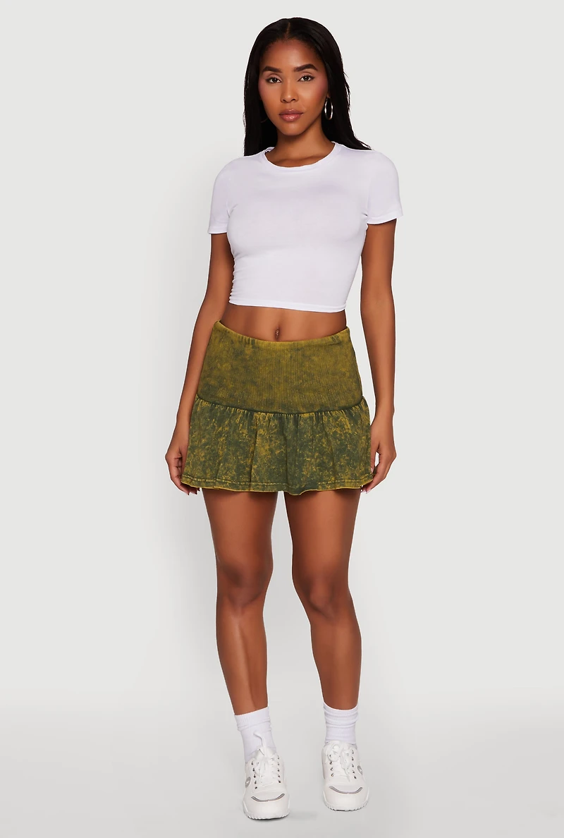 Womens Trendy Acid Wash Ribbed Knit High Waisted Mini Pleated Skirt, Green,