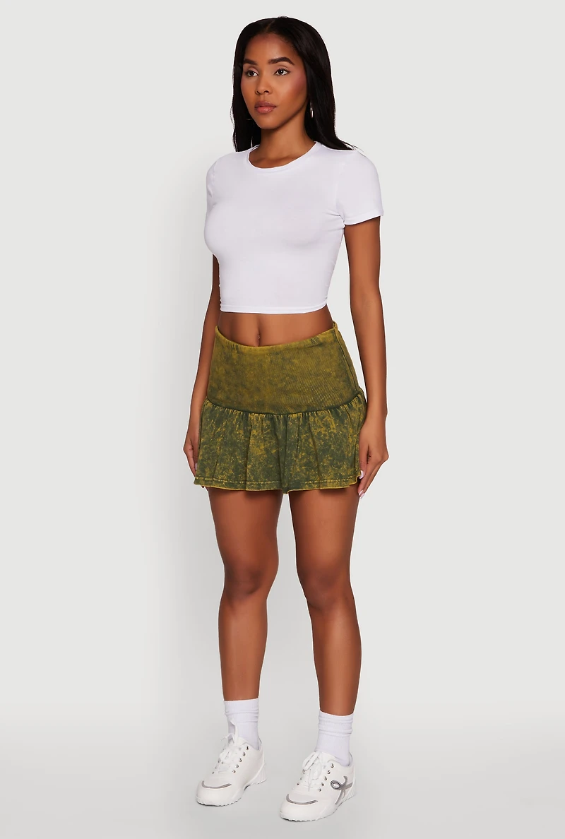 Womens Trendy Acid Wash Ribbed Knit High Waisted Mini Pleated Skirt, Green, Size L