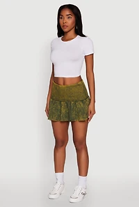 Womens Trendy Acid Wash Ribbed Knit High Waisted Mini Pleated Skirt, Green,