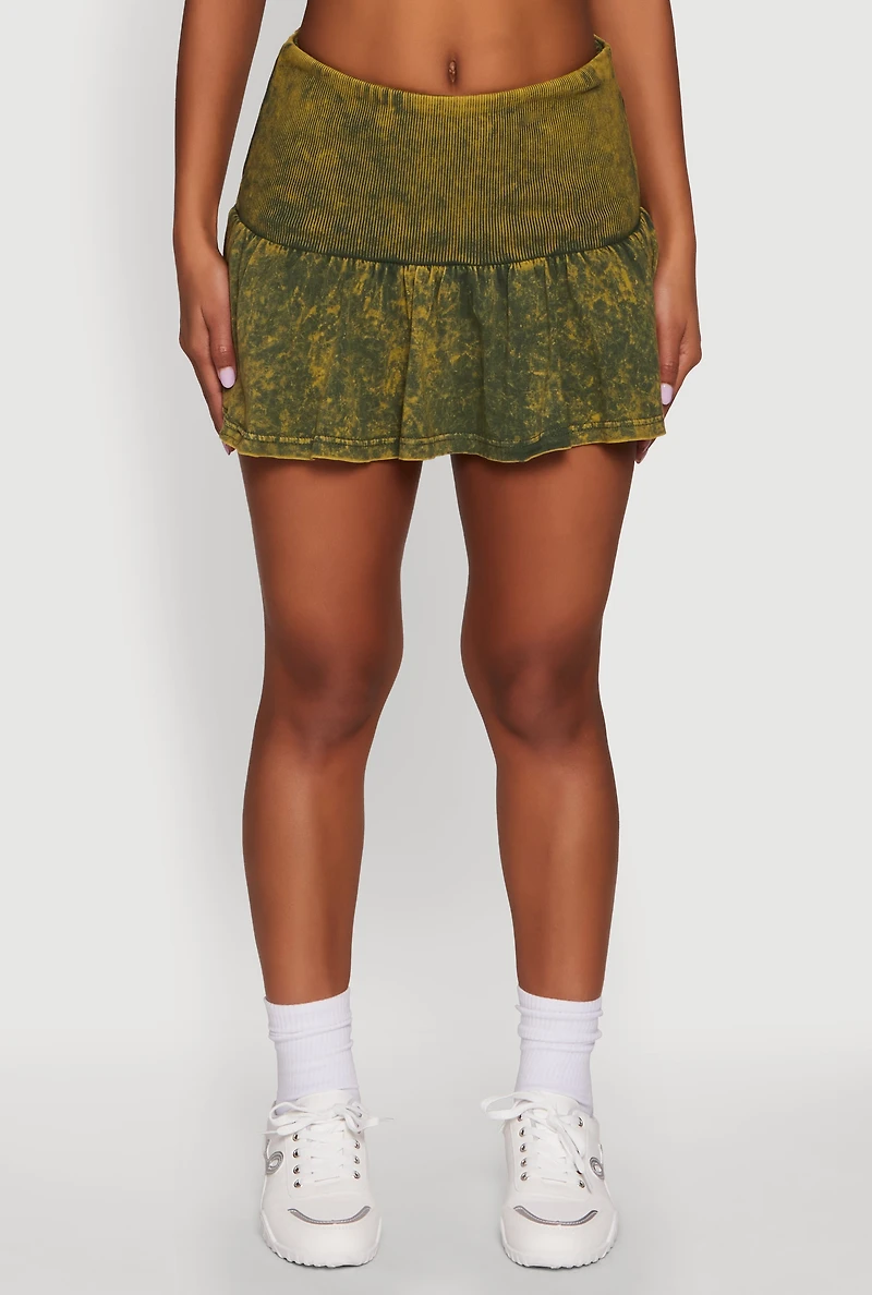 Womens Trendy Acid Wash Ribbed Knit High Waisted Mini Pleated Skirt, Green, Size L