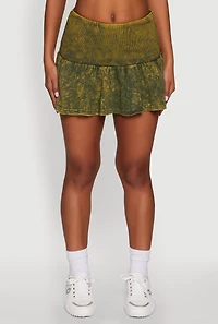 Womens Trendy Acid Wash Ribbed Knit High Waisted Mini Pleated Skirt, Green, Size L