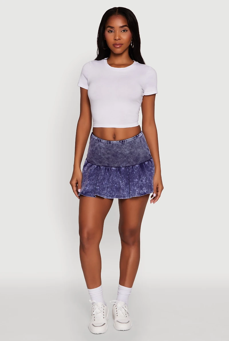 Trendy Acid Wash Ribbed Knit High Waisted Mini Pleated Skirt