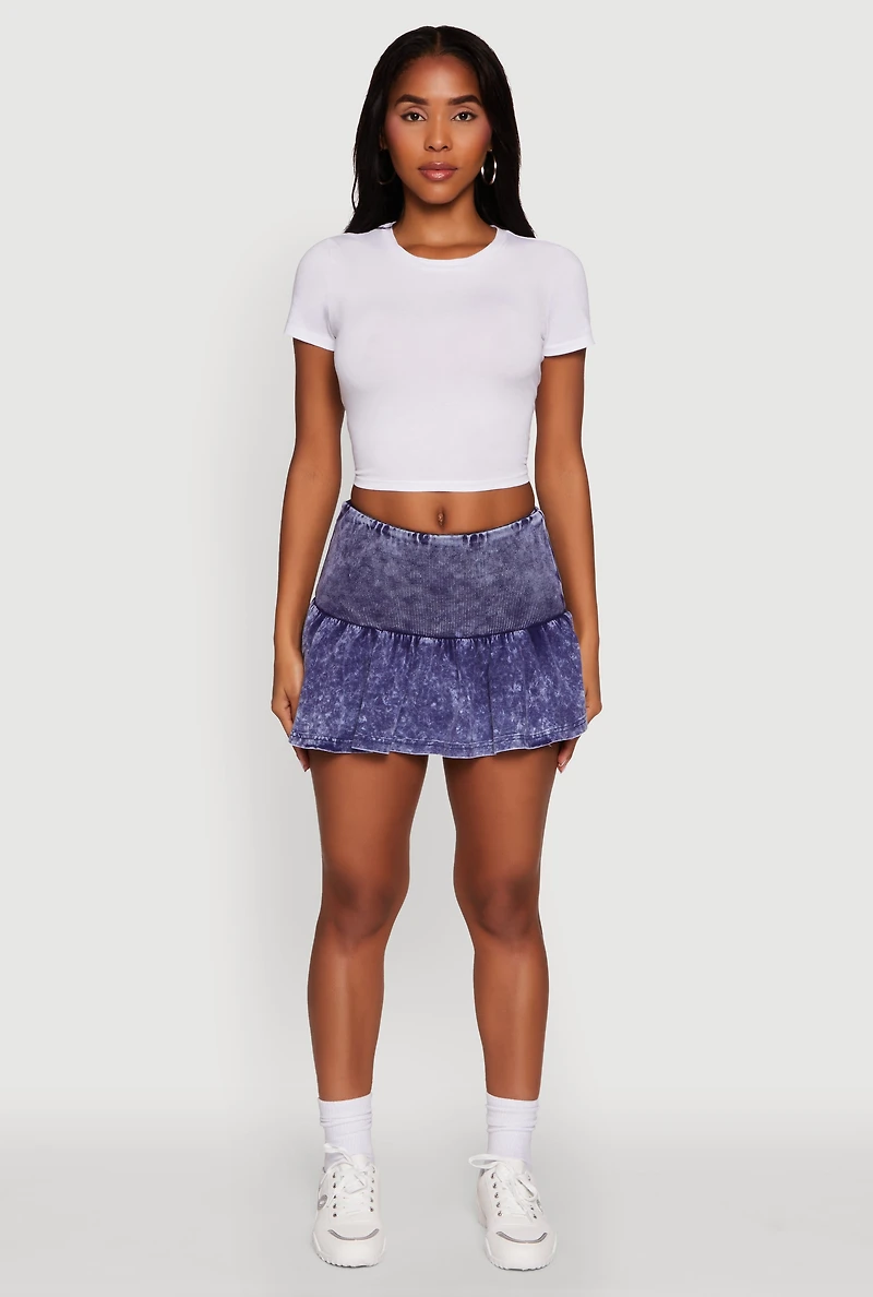 Womens Trendy Acid Wash Ribbed Knit High Waisted Mini Pleated Skirt, Blue,
