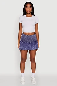Womens Trendy Acid Wash Ribbed Knit High Waisted Mini Pleated Skirt, Blue,
