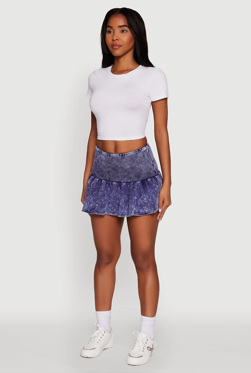 Womens Trendy Acid Wash Ribbed Knit High Waisted Mini Pleated Skirt, Blue,