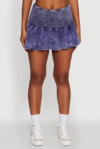 Womens Trendy Acid Wash Ribbed Knit High Waisted Mini Pleated Skirt, Blue,