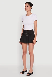 Trendy Belted Front High Waisted Mini Pleated Skirt