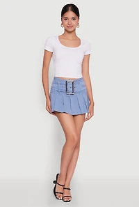 Womens Trendy Belted Front High Waisted Mini Pleated Skirt, Blue, Size L