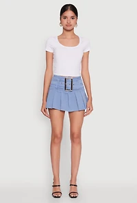 Womens Trendy Belted Front High Waisted Mini Pleated Skirt, Blue, Size L