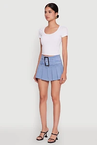 Womens Trendy Belted Front High Waisted Mini Pleated Skirt, Blue, Size L