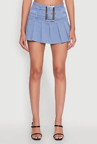 Womens Trendy Belted Front High Waisted Mini Pleated Skirt, Blue, Size L