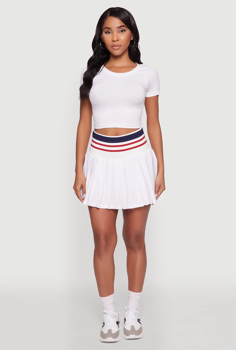 Womens Trendy High Waist Contrast Trim Pleated Mini Skirt, White, Size L