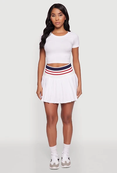 Womens Trendy High Waist Contrast Trim Pleated Mini Skirt, White,