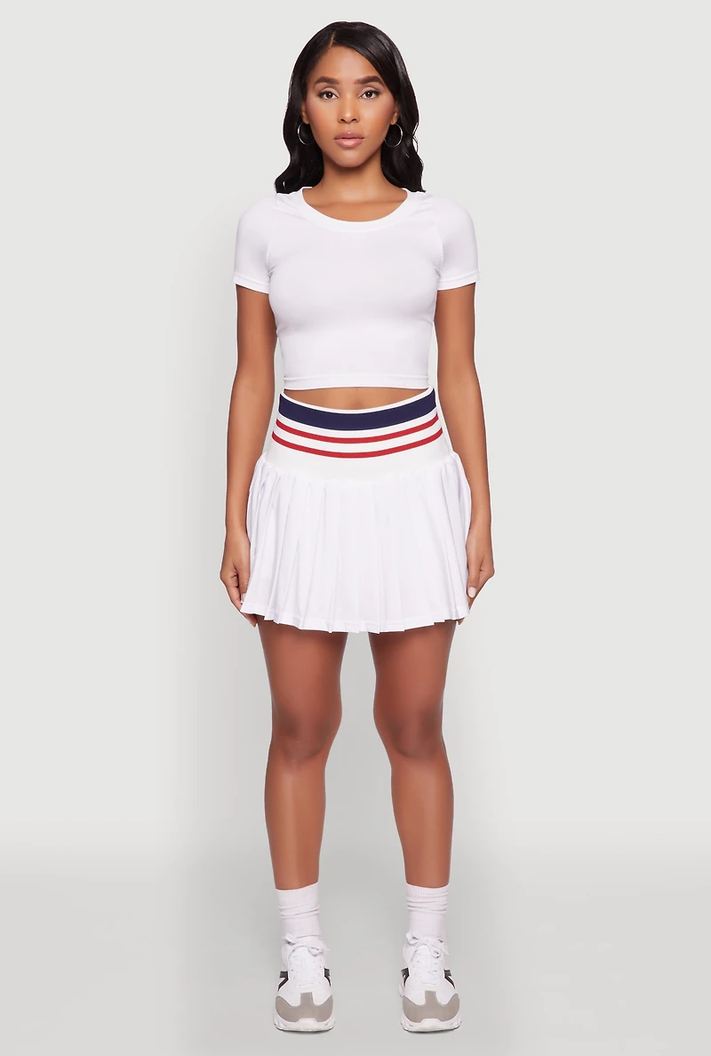 Womens Trendy High Waist Contrast Trim Pleated Mini Skirt, White,