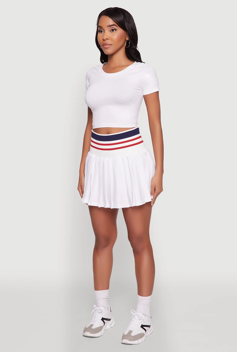 Womens Trendy High Waist Contrast Trim Pleated Mini Skirt, White,