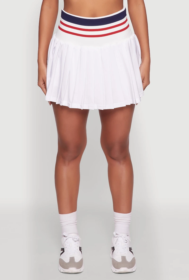 Womens Trendy High Waist Contrast Trim Pleated Mini Skirt, White,