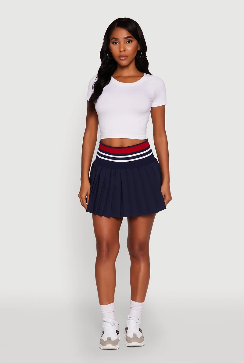 Womens Trendy High Waist Contrast Trim Pleated Mini Skirt, Blue, Size S
