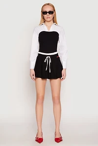 Contrast Waistband Drawstring Pleated Skirt