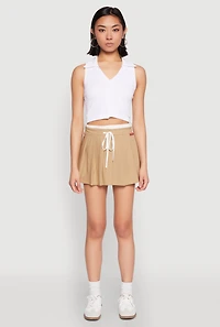 Contrast Waistband Drawstring Pleated Skirt