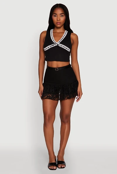 Womens Lace Hem Belted Lined Mini Skirt, Black, Size M