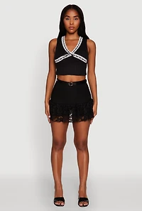 Womens Lace Hem Belted Lined Mini Skirt, Black, Size M