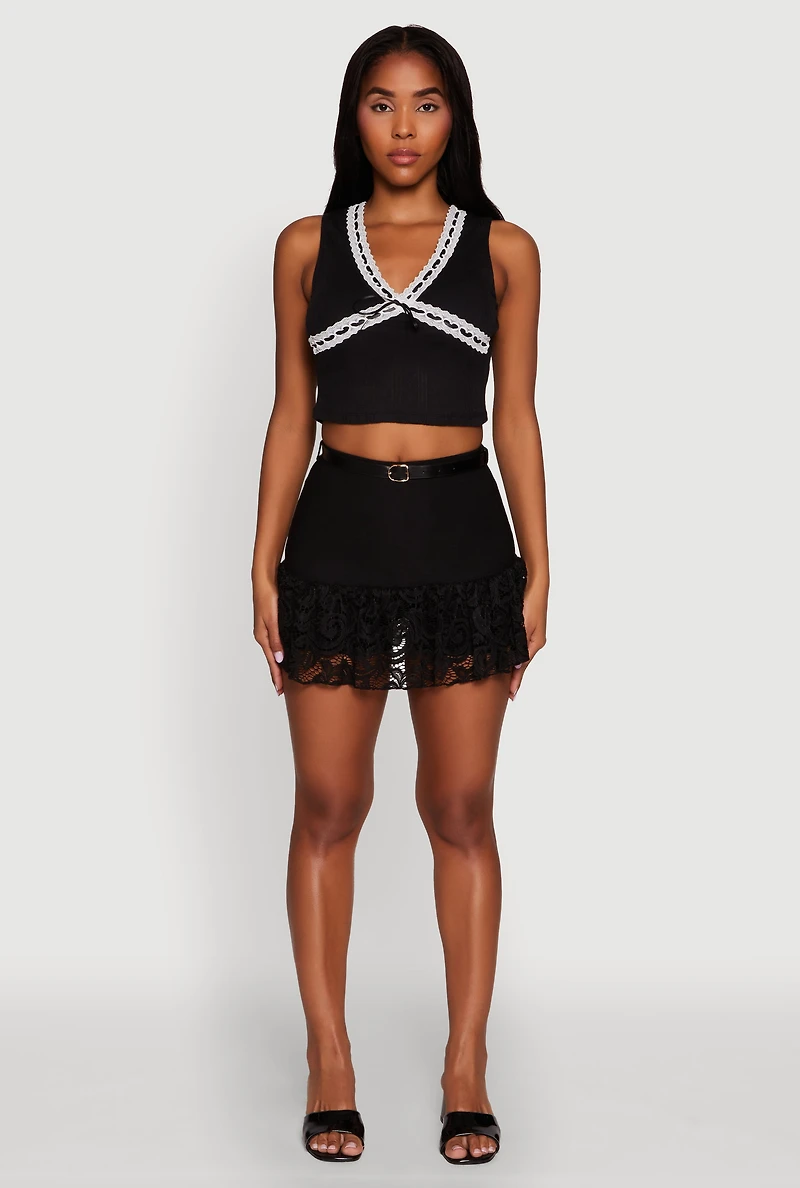 Womens Lace Hem Belted Lined Mini Skirt, Black, Size S