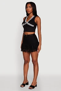 Womens Lace Hem Belted Lined Mini Skirt, Black, Size M